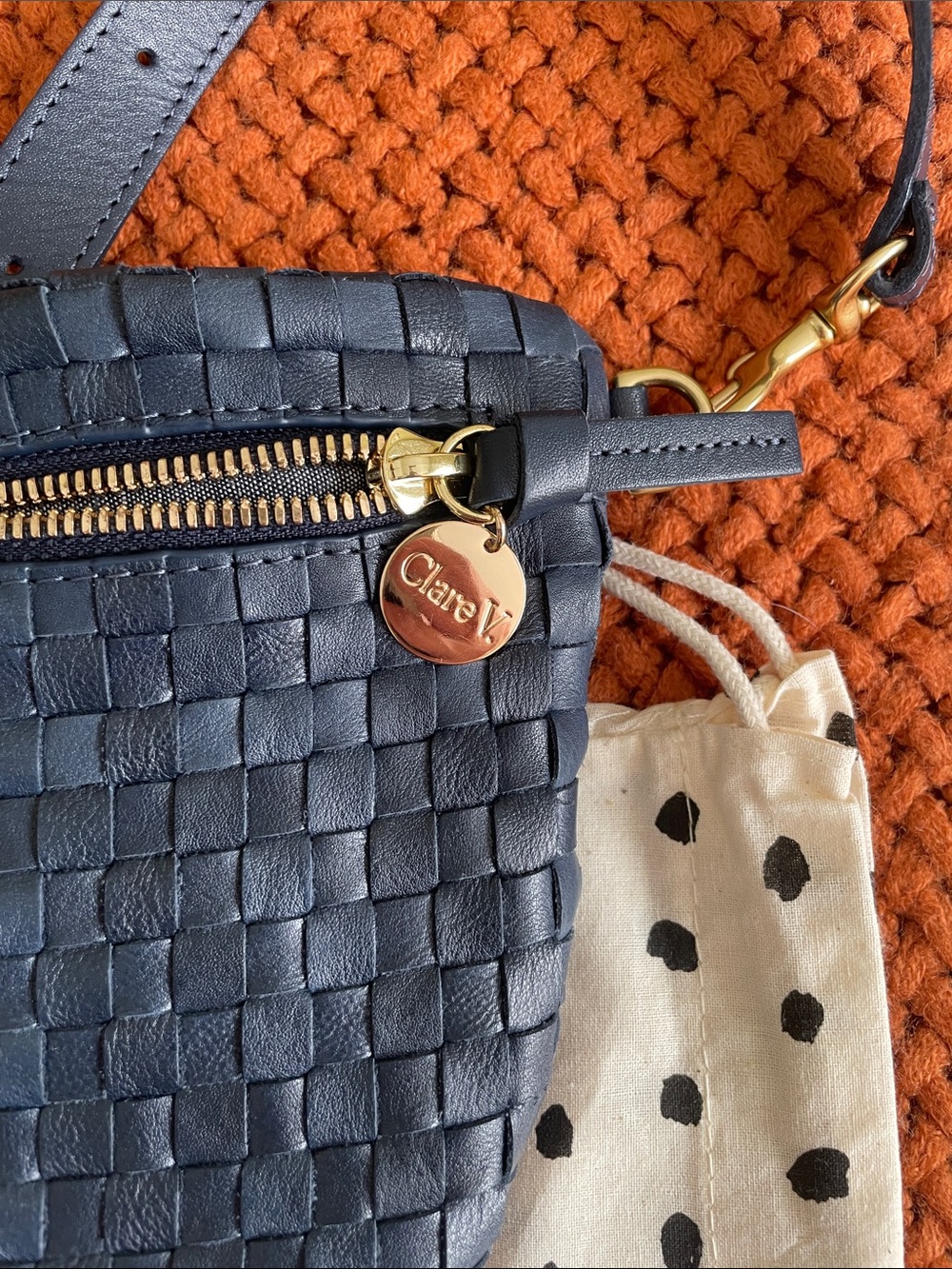 Clare V Navy Woven Crescent Crossbody with Gold Charm - Picture 6 of 6